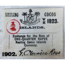 COCOS KEELING ISLANDS 1902 . 1/4  RUPEE BANKNOTE